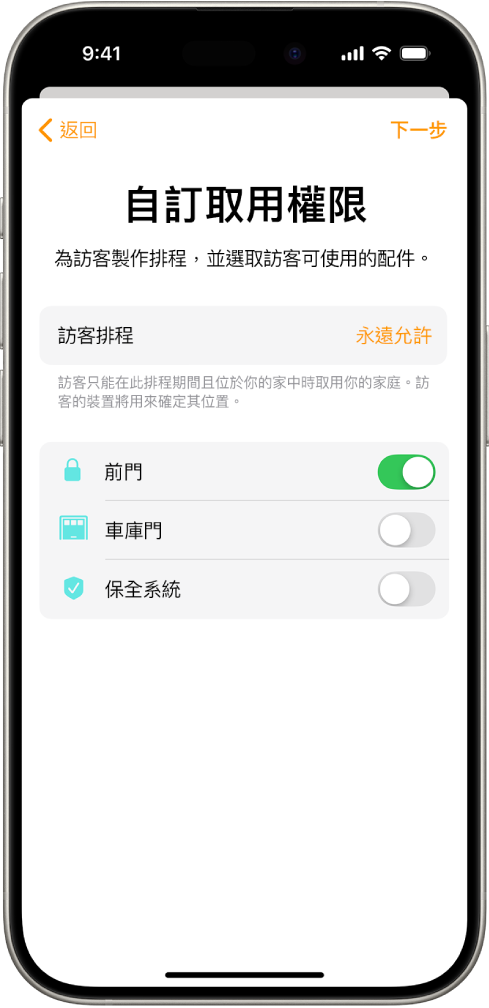 「家庭」App 中的「自訂取用權限」畫面，顯示「訪客排程」以及「前門」、「車庫門」和「保全系統」取用權限。