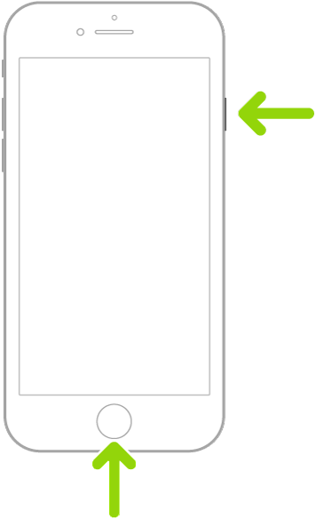 配備 Touch ID 的 iPhone。一個箭頭指向側邊按鈕，另一個箭頭指向主畫面按鈕，以示範如何拍攝截圖。