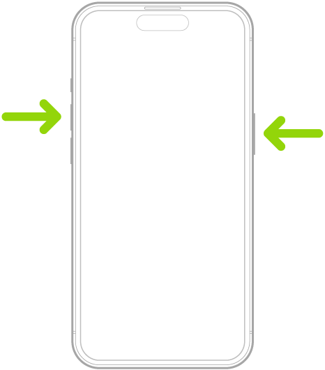 配備 Face ID 的 iPhone。一個箭頭指向側邊按鈕，另一個箭頭指向調高音量按鈕，以示範如何拍攝截圖。