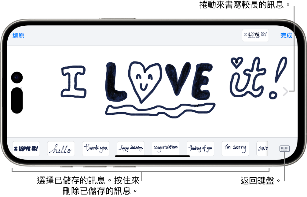 用於編寫手寫訊息的畫布。底部由左至右為儲存的手寫項目和「鍵盤」按鈕。