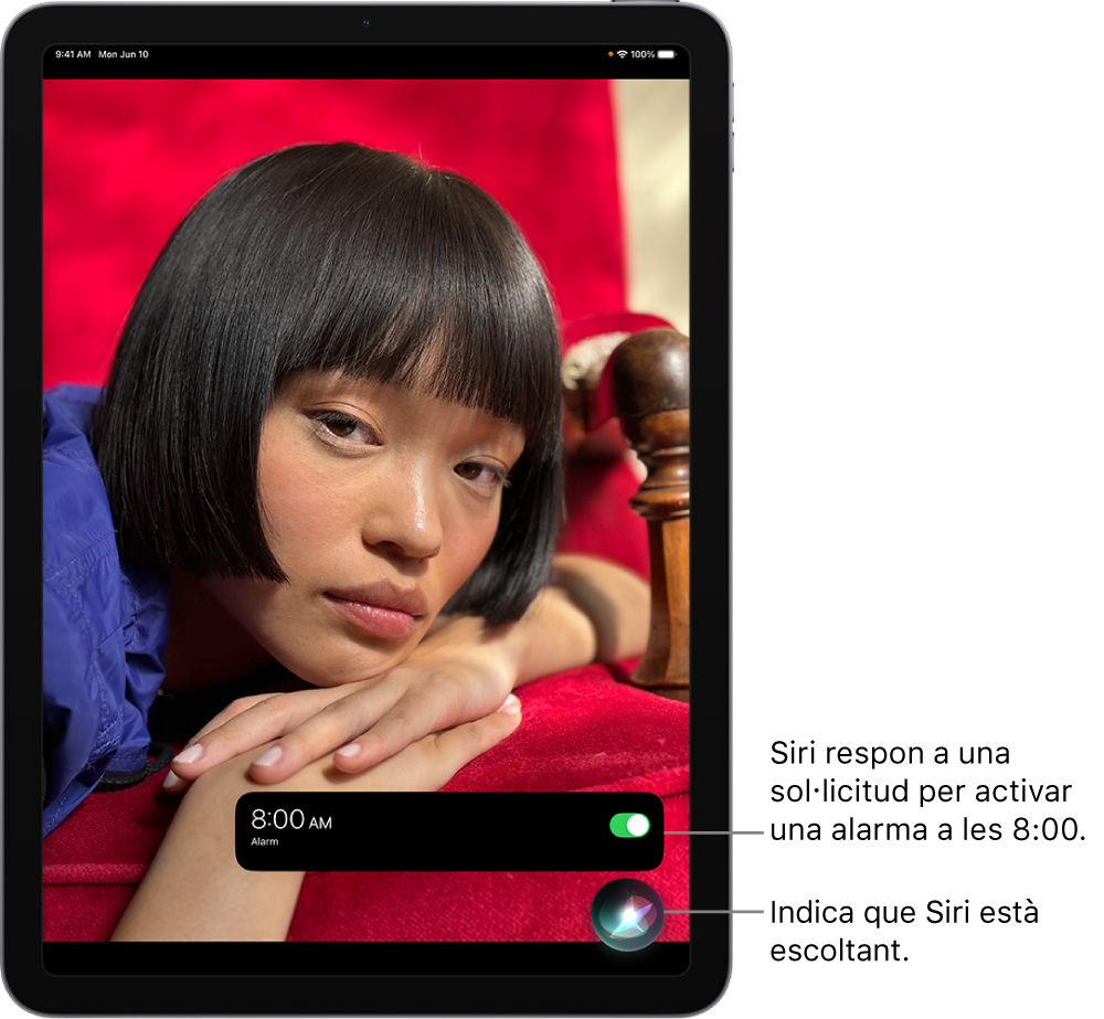 La pantalla d’un iPad. Cap a la part inferior de la pantalla, una notificació de l’app Rellotge indica que hi ha una alarma activada per a les 8:00 h. A sota de la notificació, una icona indica que Siri està escoltant.