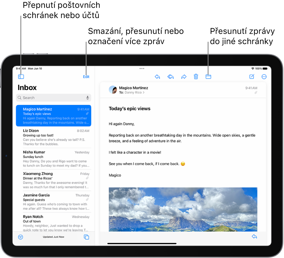 Došlá pošta v Mailu se seznamem e‑mailů vlevo a otevřeným e‑mailem vpravo.
