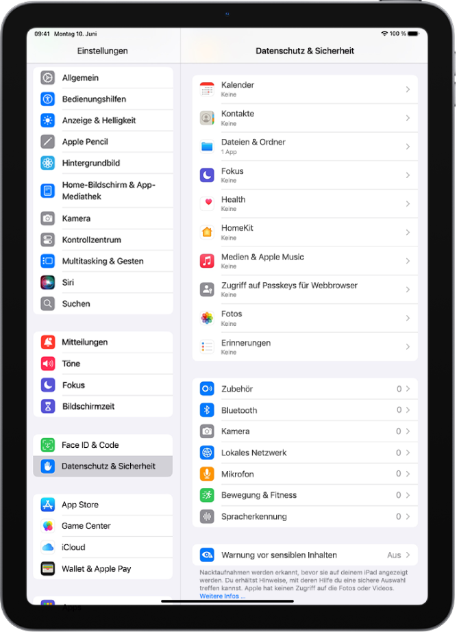Der Bildschirm „Datenschutz & Sicherheit“ mit Einstellungen zum Steuern der Apps, die die Kamera, das Mikrofon und andere Komponenten deines iPad verwenden dürfen.