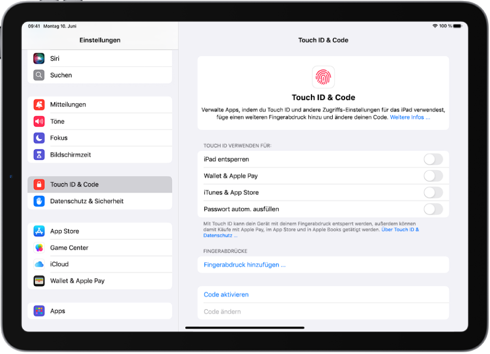 Ein Bildschirm zeigt Einstellungen für „Touch ID & Code“ mit Optionen zum Hinzufügen eines Fingerabdrucks und zum Aktivieren des Codes.