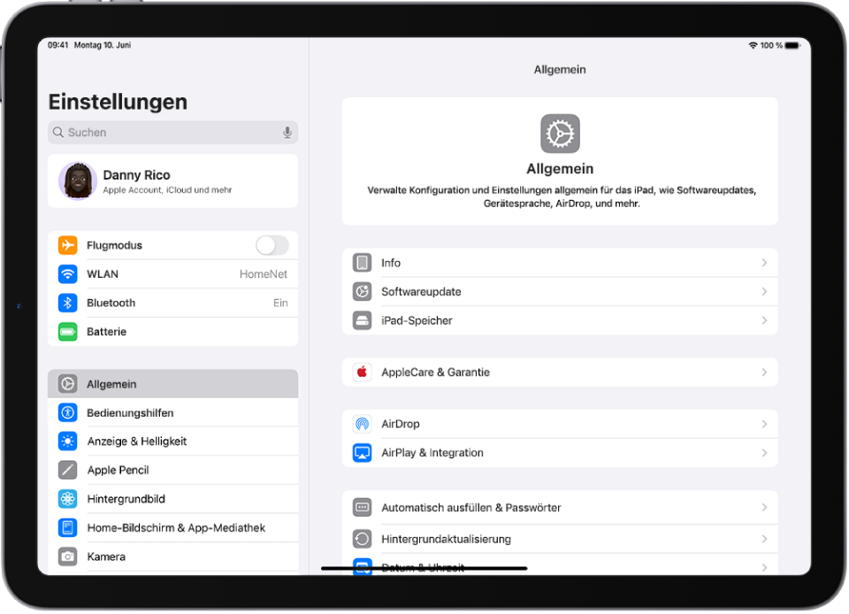 Der Home-Bildschirm des iPad mit mehreren App-Symbolen, unter anderem mit dem Symbol der App „Einstellungen“. Wenn du auf dieses Symbol tippst, kannst du unter anderem die Lautstärke und die Bildschirmhelligkeit für das iPad ändern.