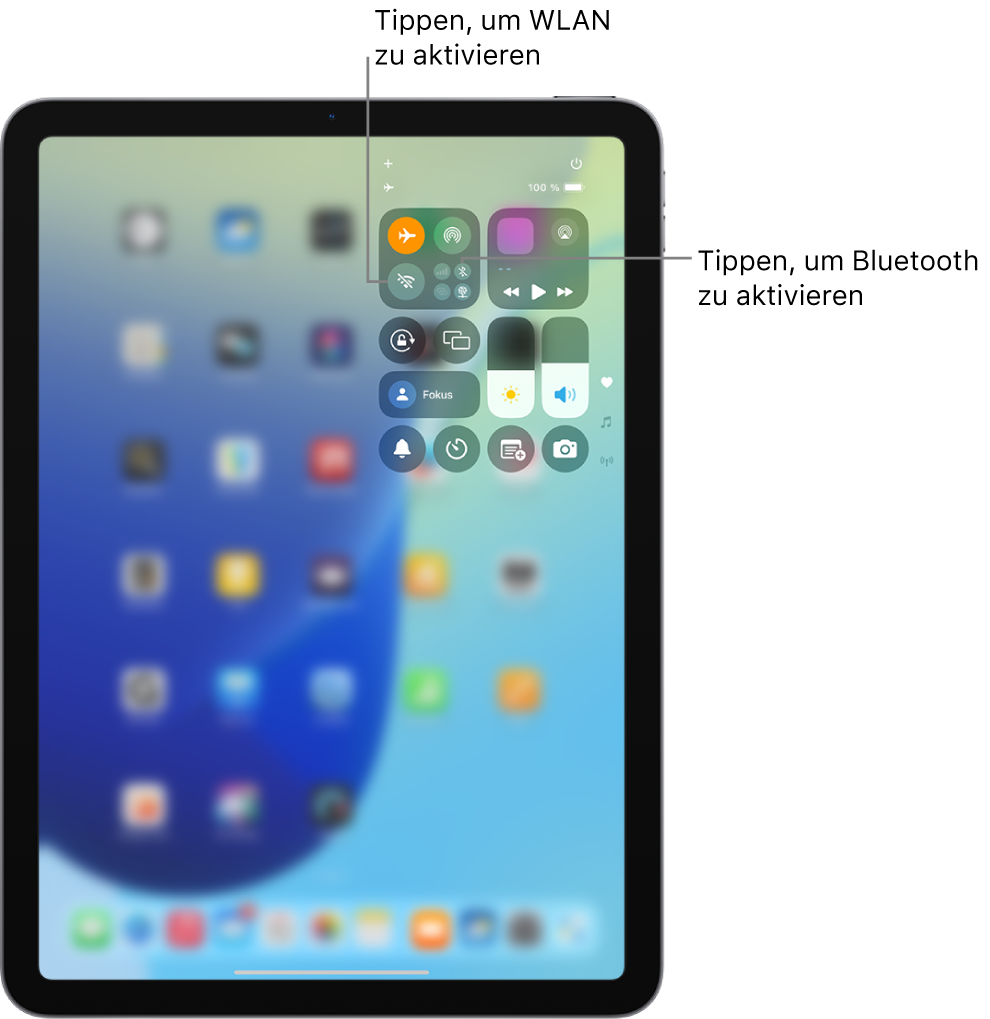 Das iPad-Kontrollzentrum zeigt, dass „Flugmodus“ aktiviert ist. Die Tasten zum Aktivieren von „WLAN“ und „Bluetooth“ befinden links oben im Kontrollzentrum.