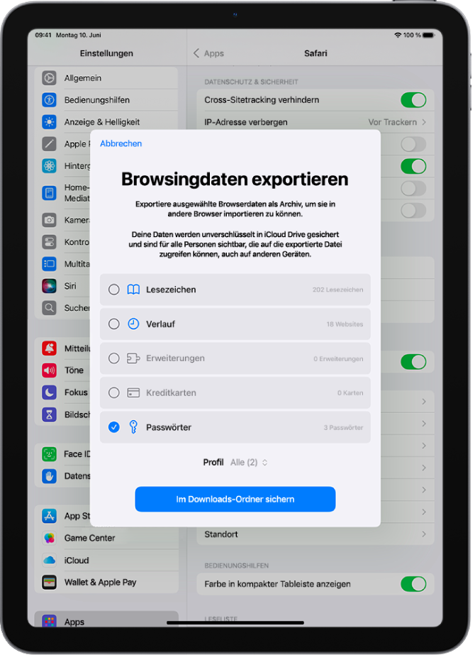 Der Bildschirm „Browsingdaten exportieren“ mit der ausgewählten Option „Passwörter“ für das Exportieren zu einem anderen Passwortmanager.