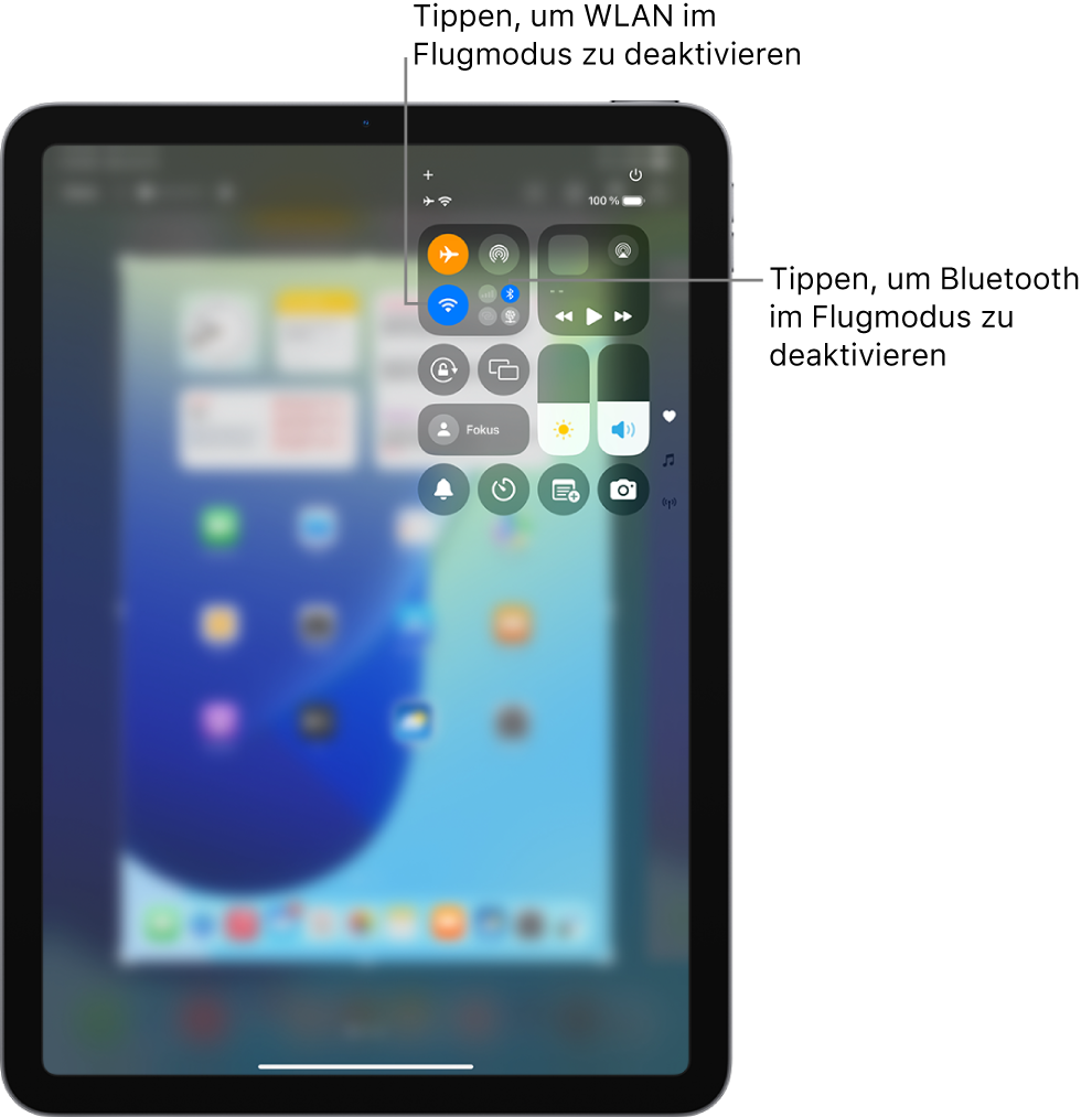 Das iPad-Kontrollzentrum zeigt, dass „Flugmodus“ aktiviert ist. Die Tasten zum Deaktivieren von „WLAN“ und „Bluetooth“ befinden links oben im Kontrollzentrum. Tippe auf das Symbol „Bluetooth“, um Bluetooth im Flugmodus zu deaktivieren. Tippe auf das Symbol „WLAN“, um WLAN im Flugmodus zu deaktivieren.