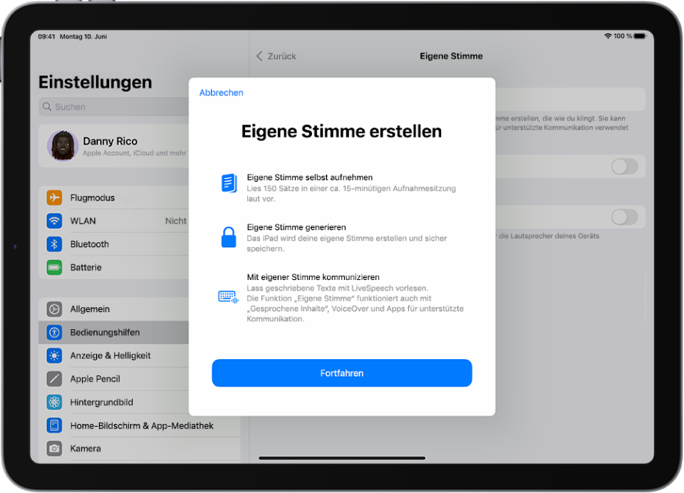 Ein iPad mit Informationen über die Erstellung einer eigenen Stimme.