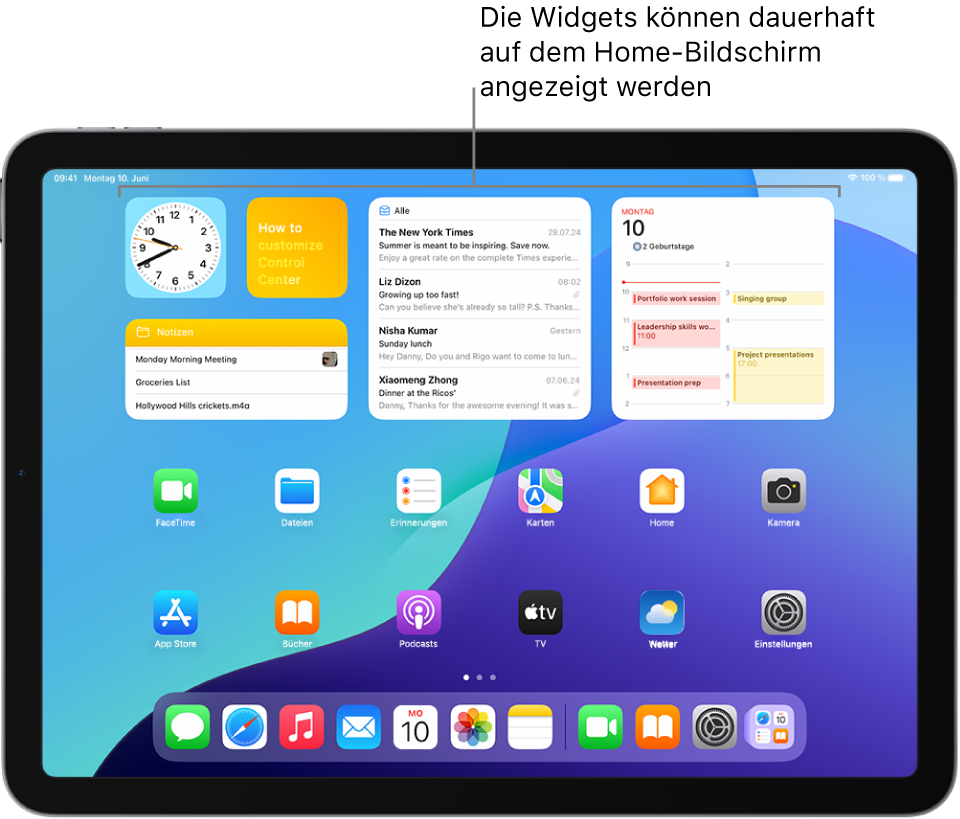 Der Home-Bildschirm des iPad. Oben auf dem Bildschirm sind die angepassten Widgets „Wetter“, „Musik“, „Fotos“, „Erinnerungen“ und „Home“ zu sehen.