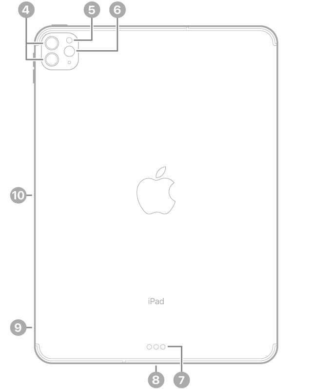 Die Rückansicht des iPad Pro mit Hinweisen auf die rückseitigen Kameras und den Blitz oben links, den Smart Connector und den USB-C-Anschluss unten in der Mitte, das SIM-Fach (Wi-Fi + Cellular) unten links und den magnetischen Anschluss für den Apple Pencil an der linken Seite.