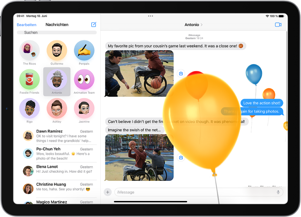 Eine bildschirmfüllende Animation von Ballons in einer Konversation in der App „Nachrichten“.