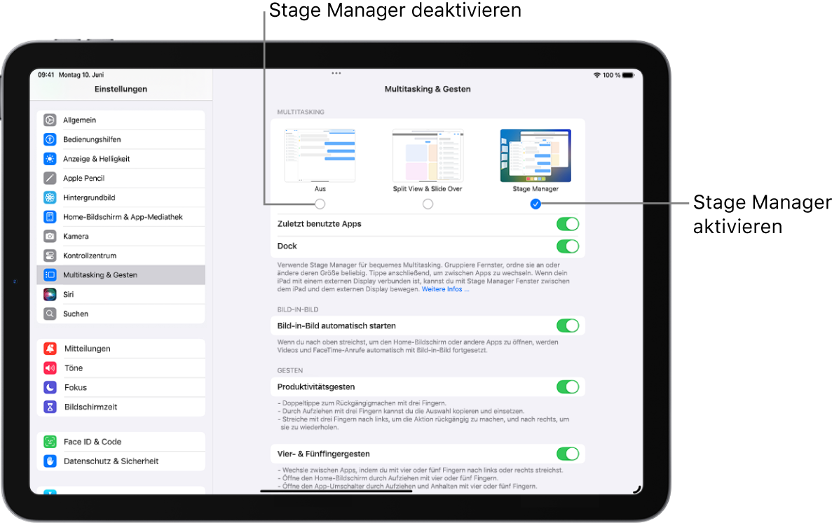 Der Bildschirm „Einstellungen“ für das Aktivieren oder Deaktivieren von „Stage Manager“.