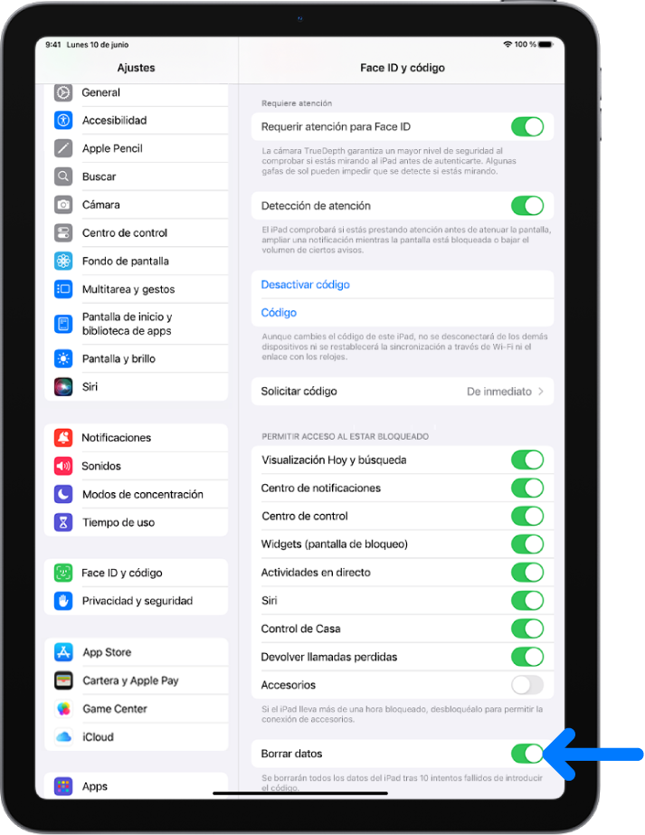 El control “Borrar datos”, ubicado al final de la pantalla “Face ID y código” en Ajustes.
