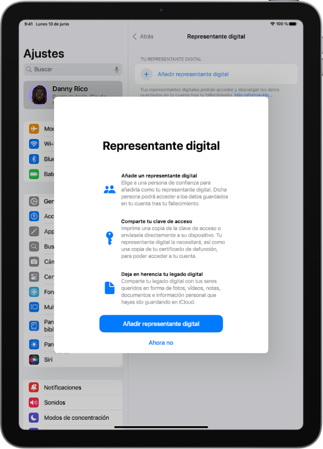 La pantalla “Representante digital”, con información sobre la función. El botón “Añadir representante digital” se encuentra en la parte inferior.