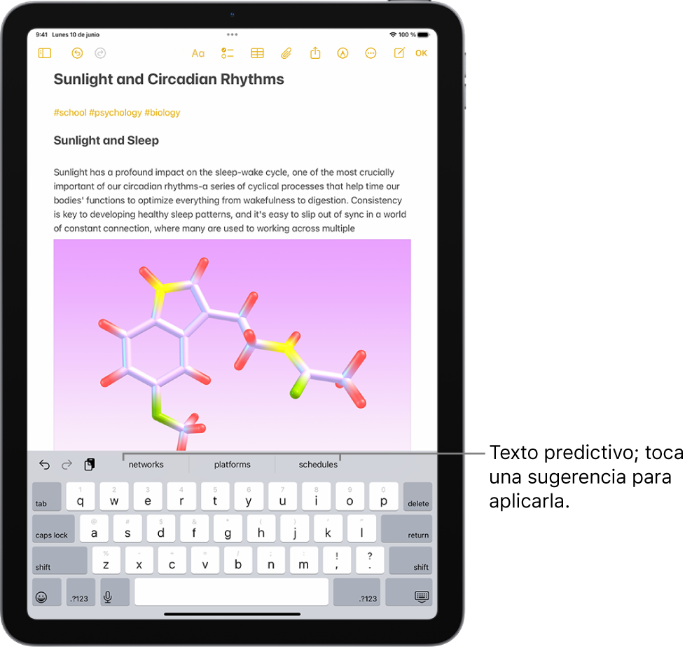 El teclado en pantalla está abierto en la app Notas. Se introduce texto en el campo de texto y encima del teclado aparecen sugerencias de texto predictivo para la siguiente palabra.