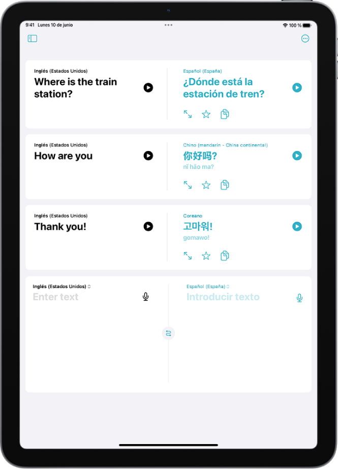 Pestaña Traducción con frases traducidas del inglés al español, del inglés al chino mandarín y del inglés al coreano.
