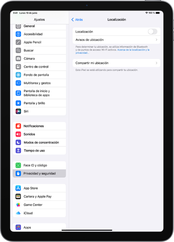 La pantalla Localización con ajustes para compartir la ubicación de tu iPad con apps.