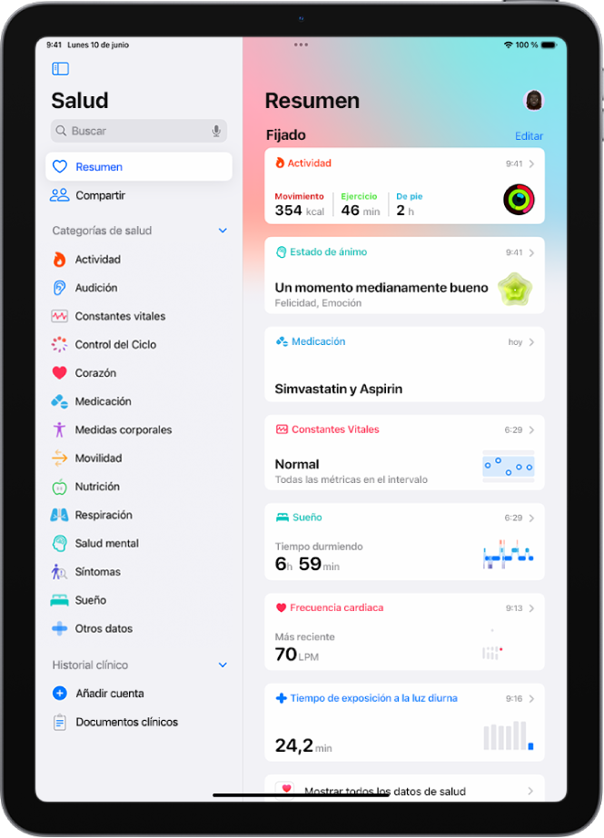 La pantalla Resumen en la app Salud. Debajo de Fijado se muestra la información sobre actividad, estado de ánimo, constantes vitales, sueño, frecuencia cardiaca y tiempo de exposición a la luz diurna.