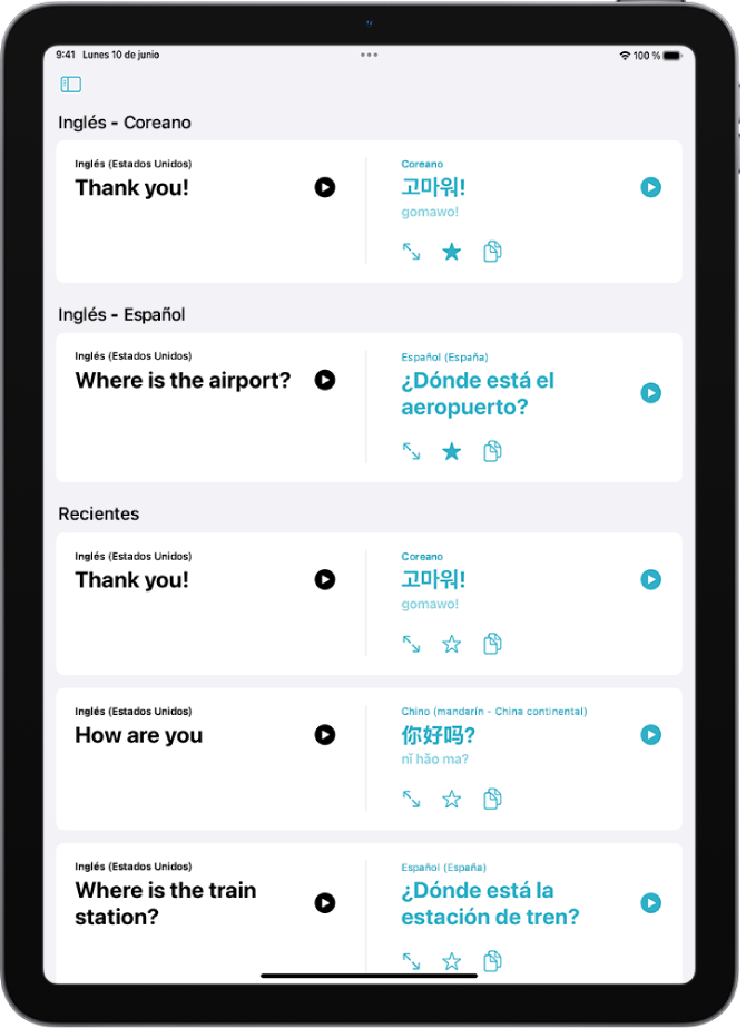 Pestaña Favoritos con frases guardadas traducidas del inglés al coreano y del inglés al español. Debajo de Recientes hay frases traducidas recientemente.