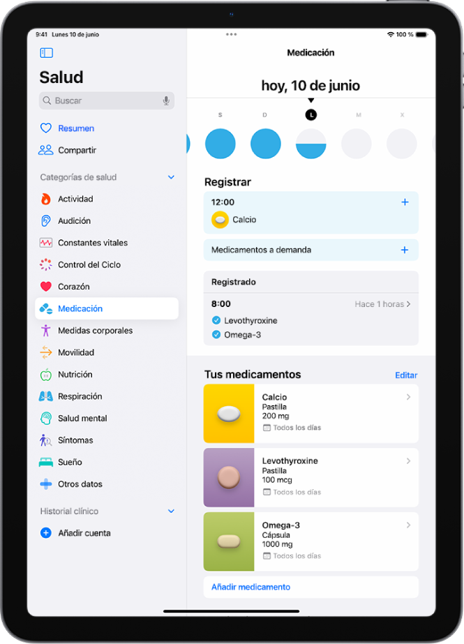 La pantalla Medicación de la app Salud, con una fecha y un registro de los medicamentos.