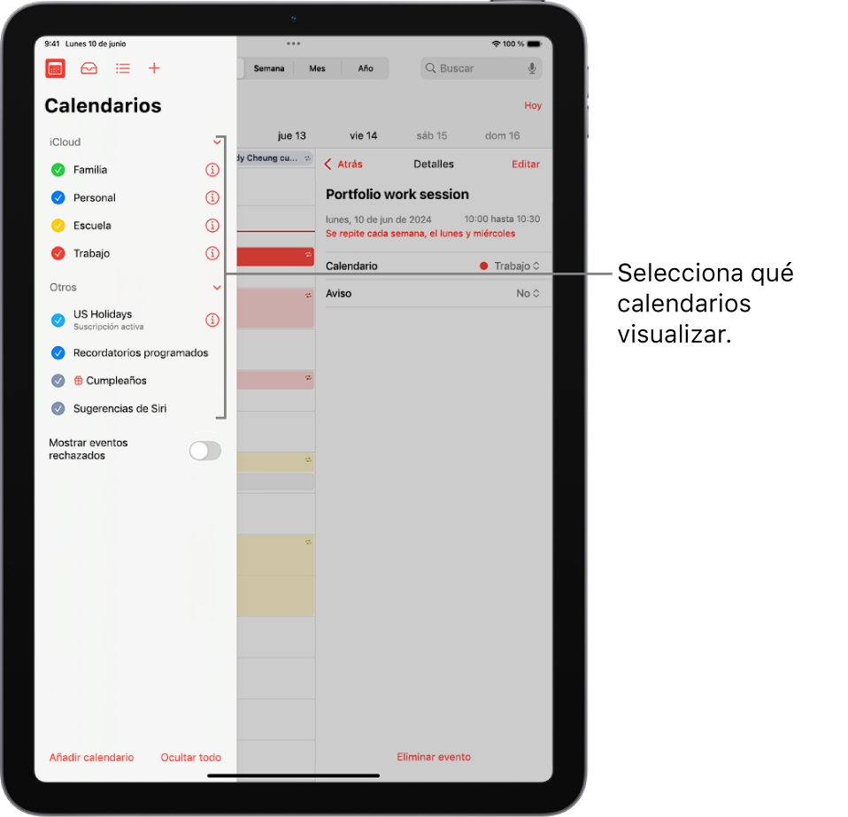 Lista de calendarios con marcas de verificación que indican qué calendarios están activos. El botón OK para cerrar la lista se encuentra en la esquina superior derecha. El botón Añadir se muestra en la esquina superior derecha.