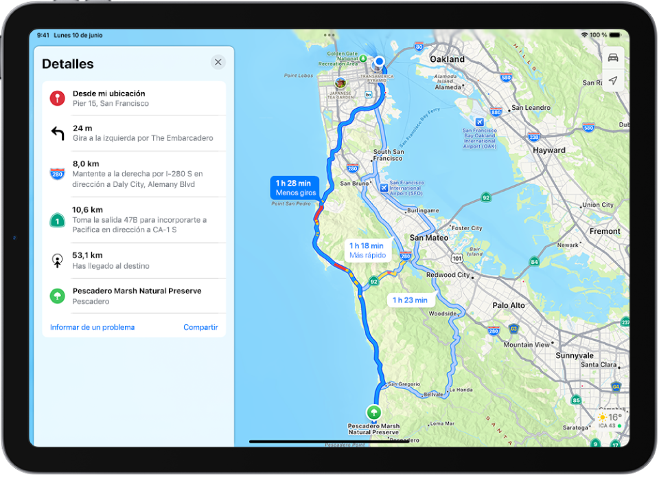 Un mapa muestra tres opciones de rutas y una lista detallada con los pasos para llegar a un destino con menos giros.