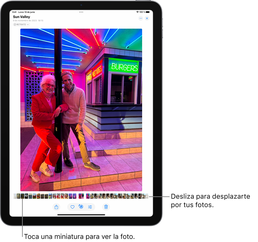 La app Fotos muestra una foto a pantalla completa. En la parte inferior de la pantalla hay imágenes en miniatura de otras fotos de la fototeca.