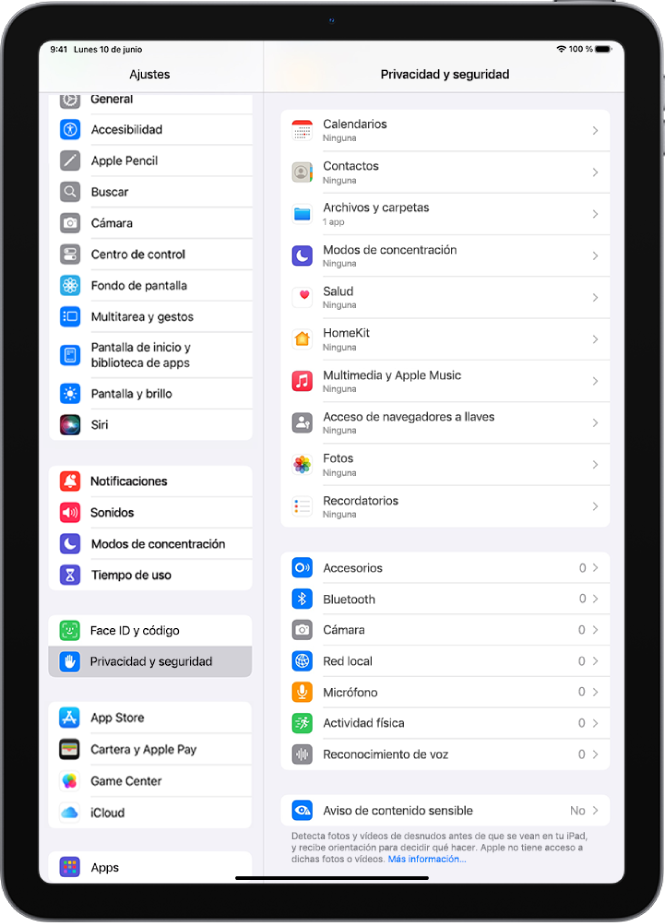 La pantalla “Privacidad y seguridad” con ajustes para controlar si las apps pueden utilizar la cámara, el micrófono y otros componentes del iPad.