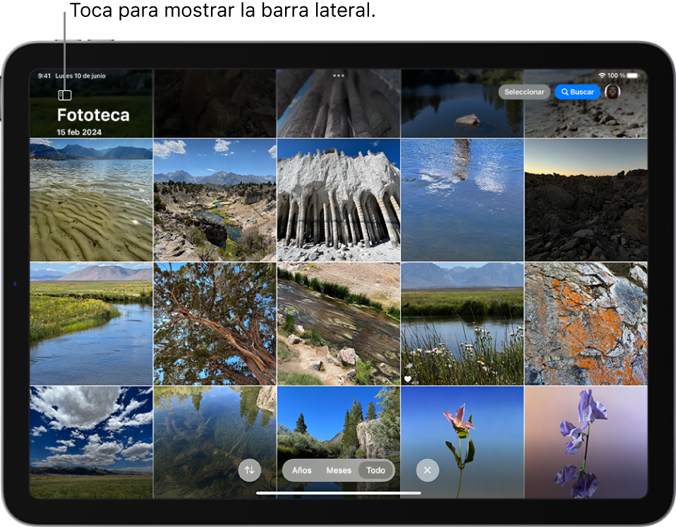 La app Fotos abierta en la fototeca. Arriba a la izquierda hay un botón para mostrar la barra lateral. Abajo en el centro están las opciones para ordenar la fototeca (Filtrar, Años, Meses y “Todos los botones”) y un botón Cerrar para salir de la fototeca. En la esquina superior derecha de la pantalla están los botones Seleccionar, Buscar y Perfil.