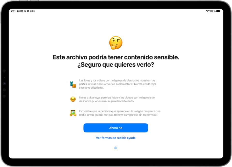 Pantalla con un aviso advirtiendo de que un mensaje podría contener imágenes con contenido sensible. En la parte inferior están las opciones para obtener ayuda o cerrar el aviso.