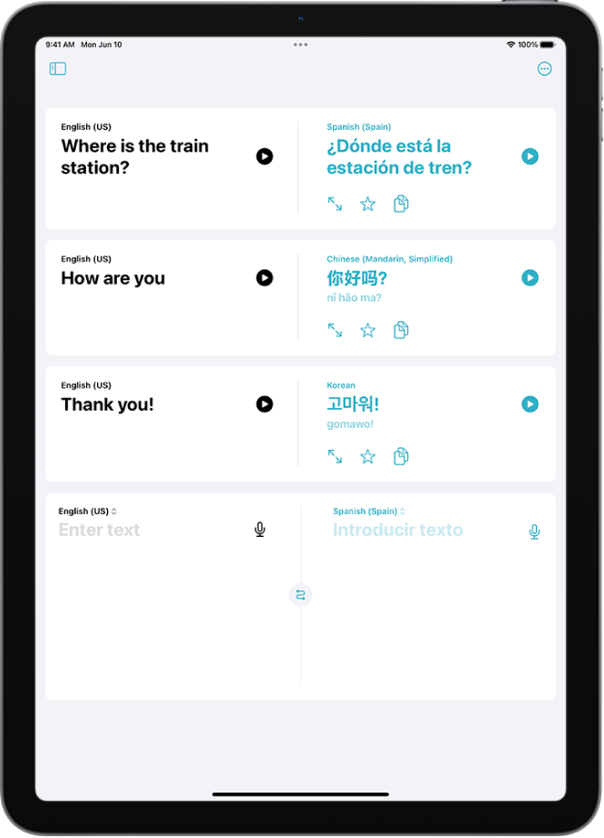 Vahekaart Translation, millel kuvatakse inglise keelest hispaania keelde, inglise keelest mandariini keelde ja inglise keelest korea keelde tõlgitud fraase.