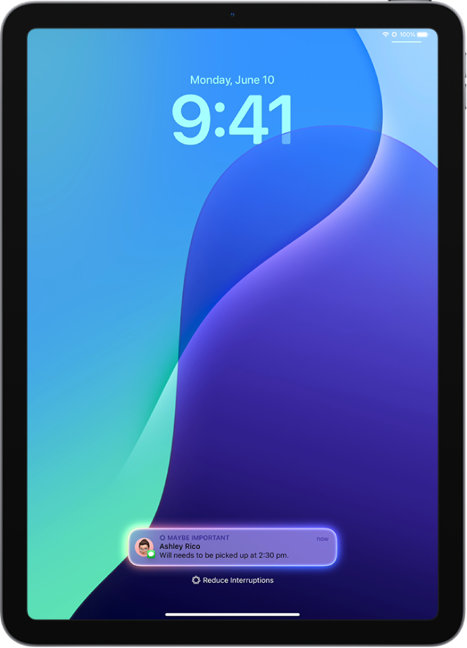 iPadi ekraanil kuvatakse Lock Screen-kuvas ajakriitilist märguannet, kui Reduce Interruptions Focus on lülitatud sisse.