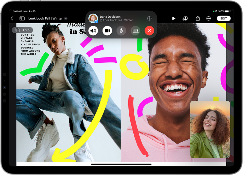 FaceTime'i kõne SharePlay seansiga, milles jagatakse teenuse Apple TV+ videosisu. Ekraani ülaosas kuvatakse FaceTime'i juhikuid, nende all esitatakse videot ning ekraani allservas on taasesituse juhtnupud.