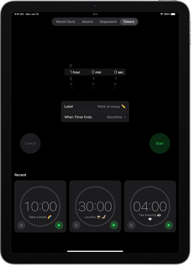 Vahekaardil Timers näidatakse taimeri seadeid. Taimeri seadete all on hiljuti loodud taimer. Allosas kuvatakse nupud World Clock, Alarm, Stopwatch ja Timers.