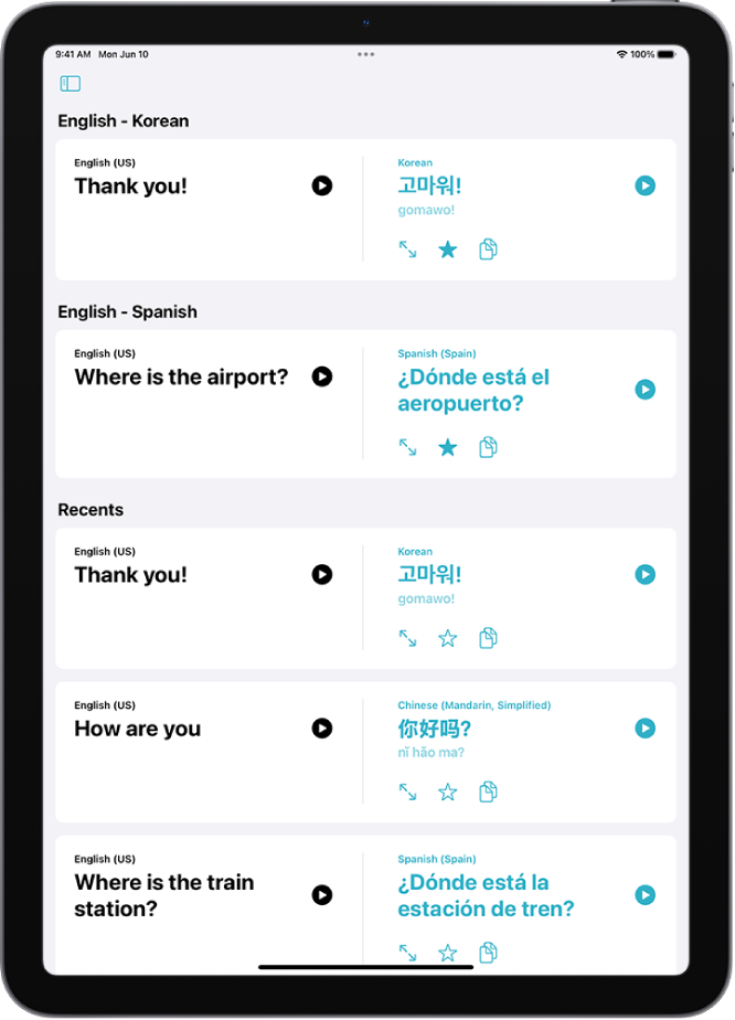 Vahekaart Favorites, millel kuvatakse inglise keelest korea keelde ja inglise keelest hispaania keelde tõlgitud salvestatud fraase. Jaotise Recents all on hiljuti tõlgitud fraasid.