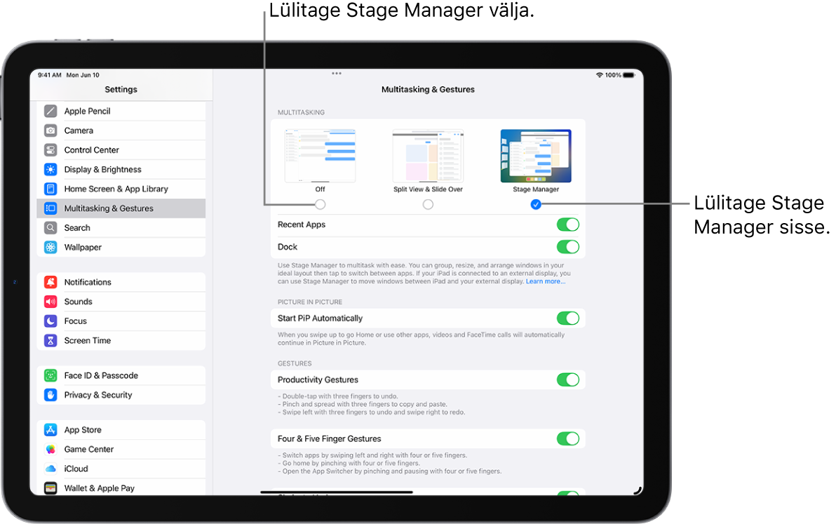 Kuva Settings funktsiooni Stage Manager sisse või välja lülitamiseks.