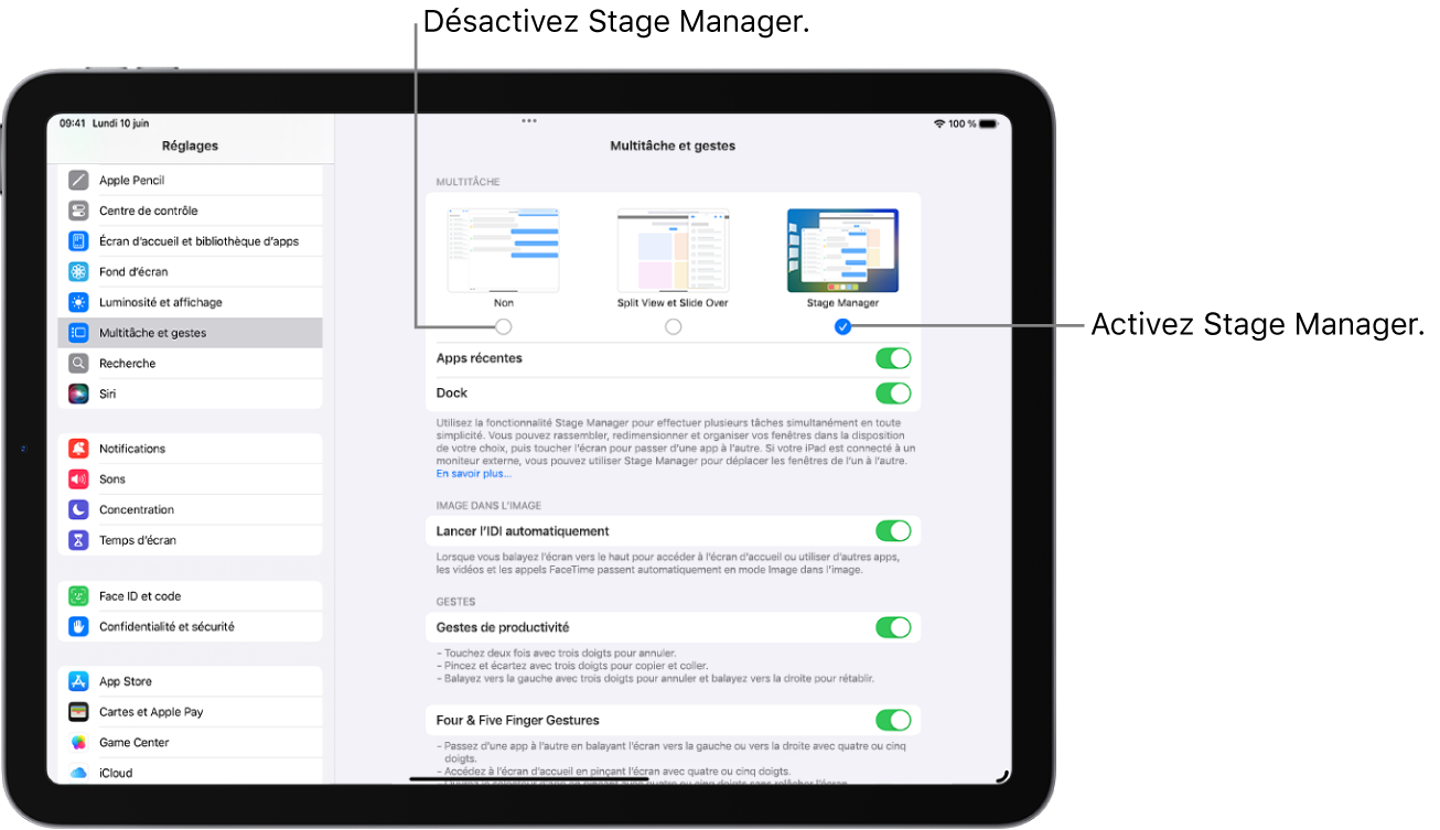L’écran Réglages pour activer ou désactiver Stage Manager.