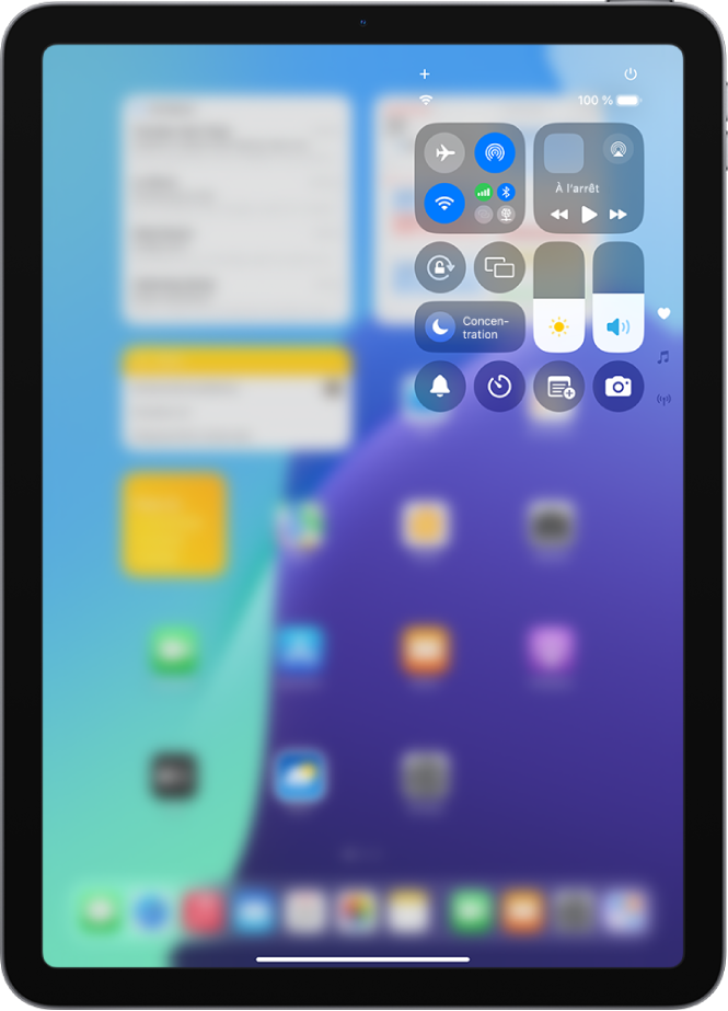 Le centre de contrôle de l’iPad. Les commandes associées au mode Avion, aux données cellulaires, au Wi-Fi et au Bluetooth se situent dans le groupe en haut à gauche du centre de contrôle pour les modèles d’iPad Wi-Fi + Cellular. La commande « Appareil photo » se trouve en bas à droite.