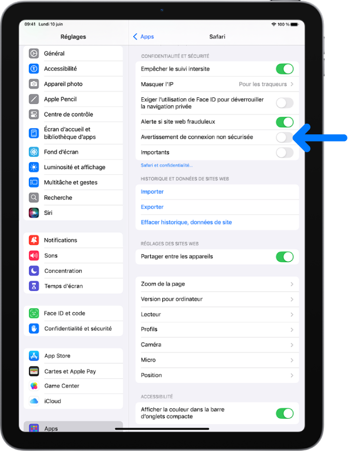 La commande Avertissement de connexion non sécurisée, située sous Confidentialité et sécurité sur l’écran Safari de Réglages.