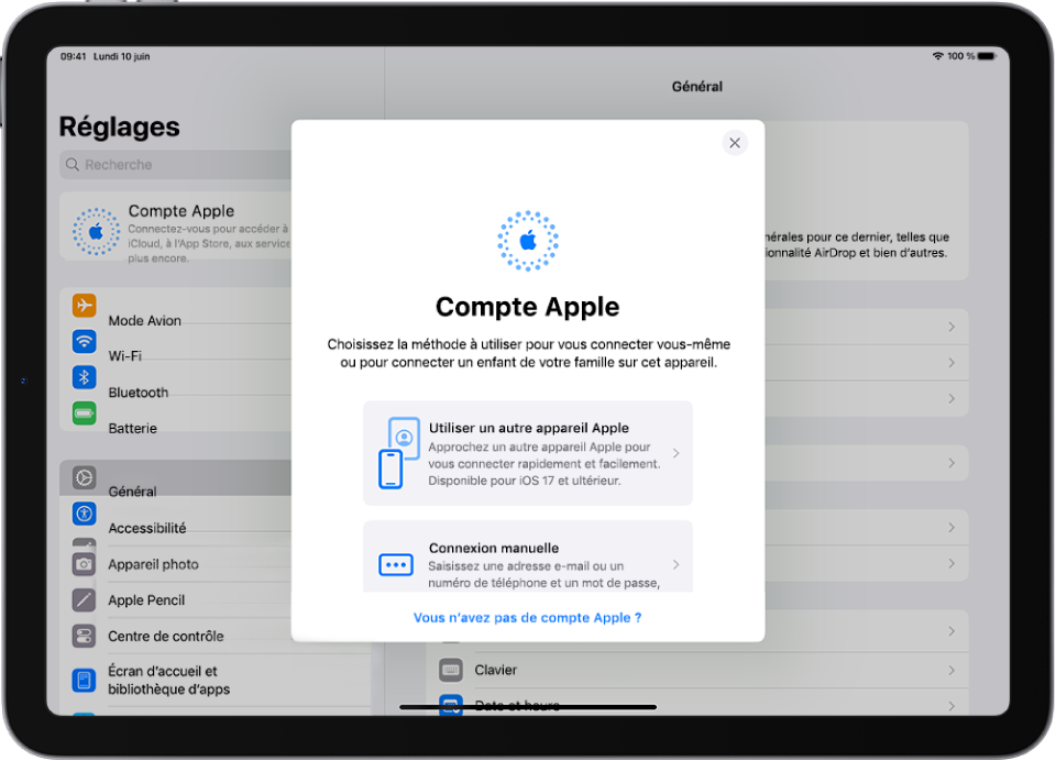 Écran Réglages, avec la zone de dialogue de connexion au compte Apple au milieu de l’écran.