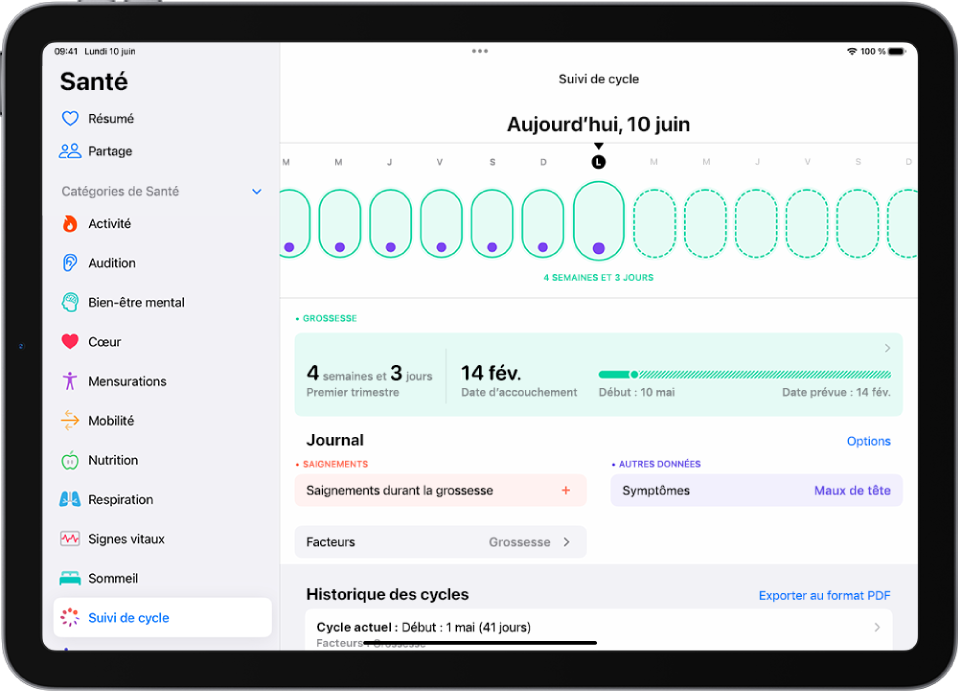 L’écran « Suivi de cycle » avec une chronologie d’une semaine de la grossesse en haut de l’écran. Des ovales vert clair et des points violets marquent les sept premiers jours sur la chronologie. Des ovales vert clair en pointillé marquent les autres jours de la chronologie. Sous la chronologie se trouve le résumé de la grossesse comprenant l’âge gestationnel, la date de début de grossesse et la date prévue de l’accouchement. Sous le résumé de la grossesse se trouvent des options pour ajouter des informations sur les saignements pendant la grossesse, les symptômes, et plus encore.