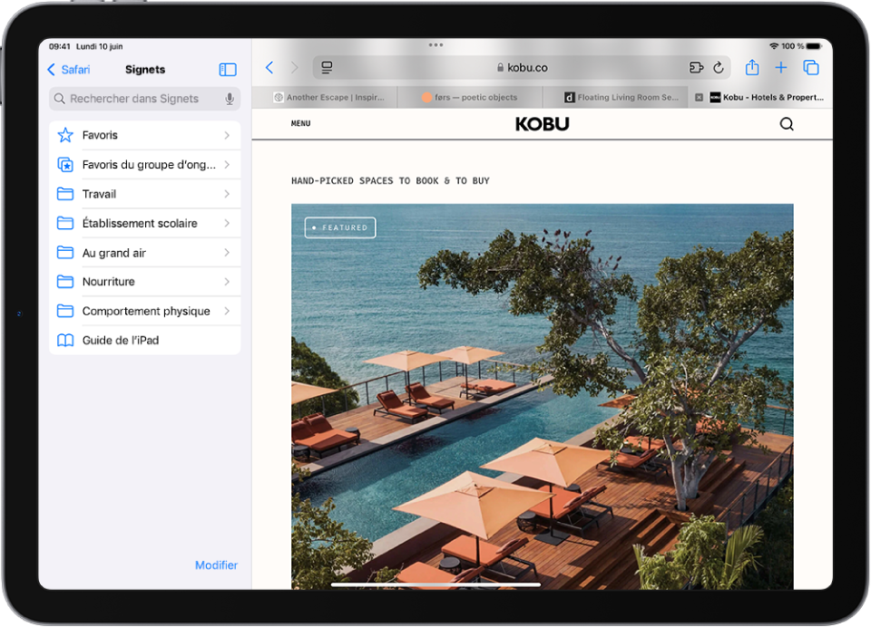 La barre latérale de Safari du côté gauche de la fenêtre de Safari est ouverte sur Signets. En haut se trouve le dossier Favoris. En dessous, se trouvent d’autres signets. Dans le coin inférieur droit de la barre latérale se trouve le bouton Modifier.