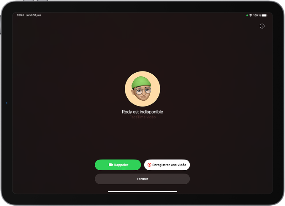 L’écran Enregistrer une vidéo montrant que la personne que vous appelez est indisponible. L’écran inclut un bouton Rappeler ainsi qu’un bouton Enregistrer une vidéo qui vous permet d’enregistrer un message vidéo.