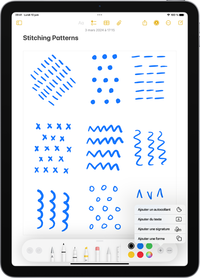 La barre d’outils d’annotation est ouverte au bas d’une note dans l’app Notes et le bouton Ajouter qui se trouve dans le coin inférieur droit de l’écran est sélectionné. Les options suivantes sont disponibles dans le menu Ajouter : Ajouter un autocollant, Ajouter du texte, Signature et Ajouter une figure.