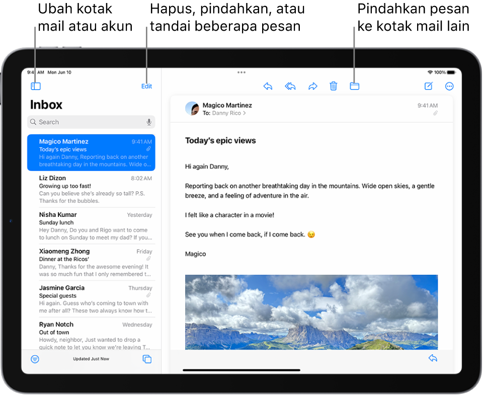 Inbox Mail dengan daftar email di sebelah kiri dan email yang terbuka di sebelah kanan.