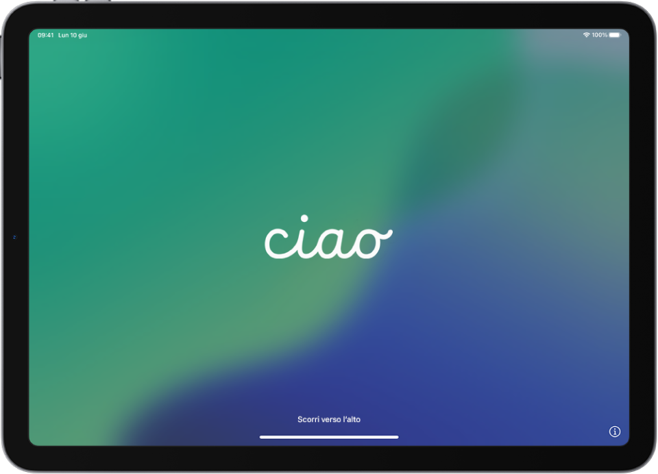 La schermata di benvenuto con la parola Ciao che viene visualizzata la prima volta che accendi iPad.