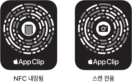 왼쪽에 NFC 내장 앱 클립 코드가 있고 중앙에 iPhone 아이콘이 있음. 오른쪽에 스캔 전용 앱 클립 코드가 있고 중앙에 카메라 아이콘이 있음.