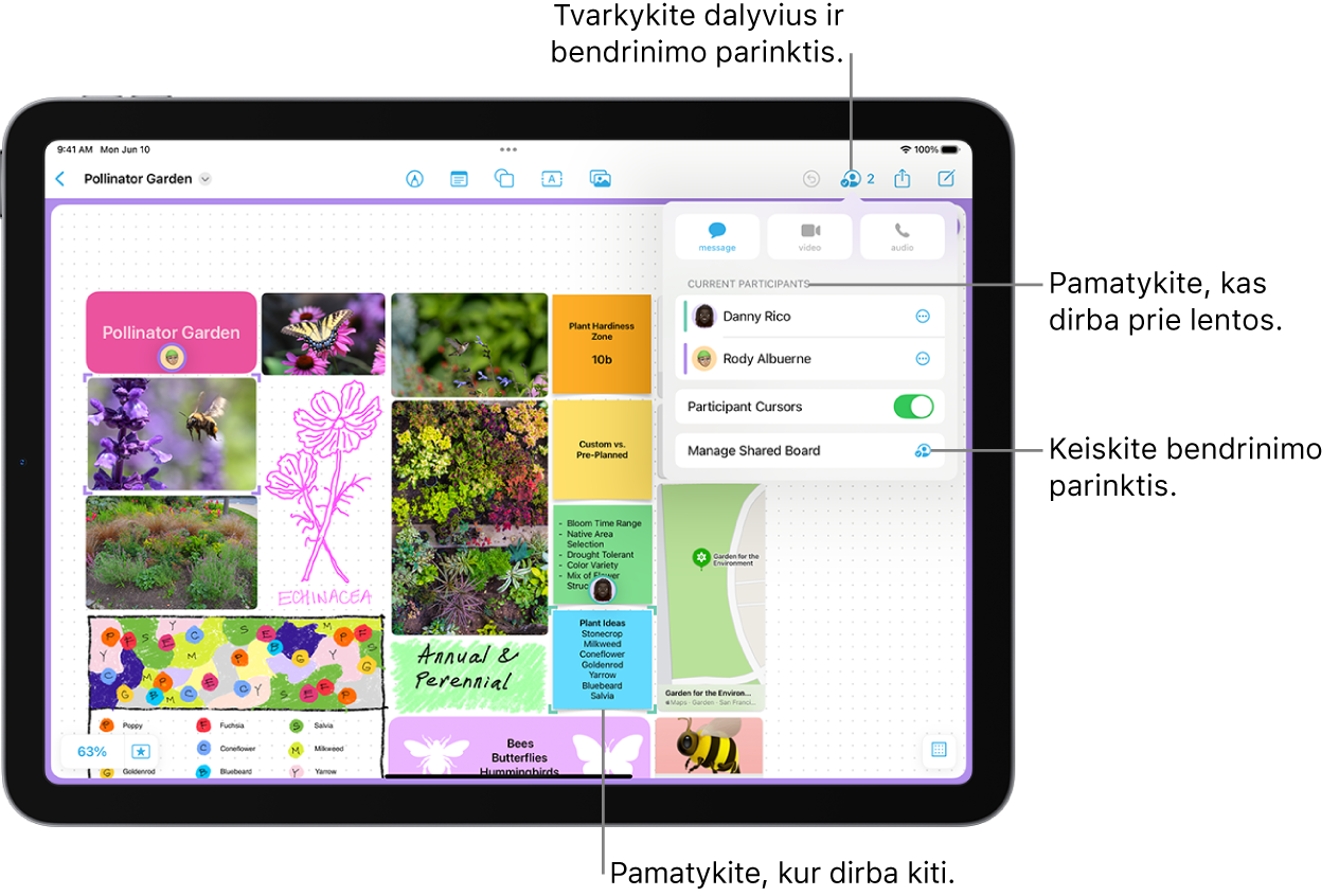 Bendrinama „Freeform“ lenta „iPad“ įrenginyje su atidarytu bendradarbiavimo meniu ir kito dalyvio vieta lentoje, pažymėta violetinėmis varnelėmis.