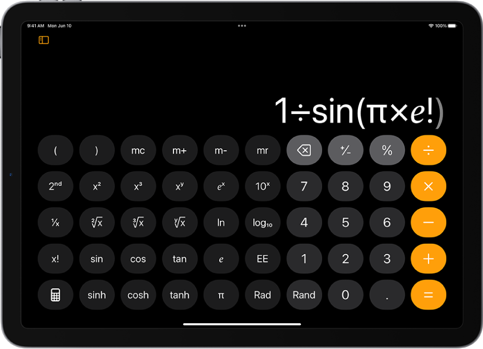 iPad ierīce, kurā redzams zinātnisko funkciju kalkulators ar pakāpes, logaritmisko un trigonometrisko funkciju.